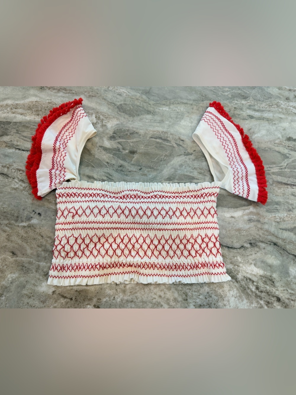 River Island Red White Smocked Off Shoulder Crop Top UK 6 Boho Festival